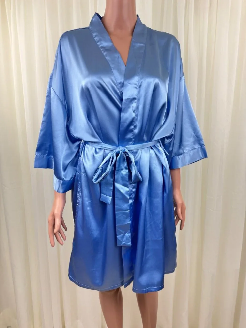 Women's Turquaz Carmen Satin Kimono Robe Blue Wrap Tie Waist Sz L